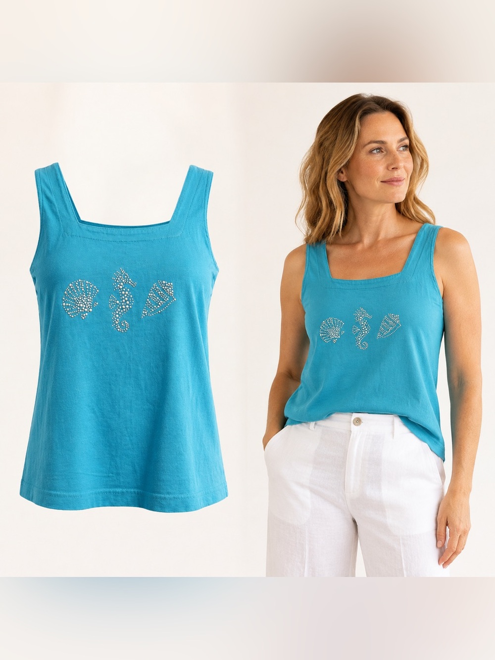 Fresh Produce | XS | Turquoise Rhinestone Seashell Seahorse Tank Top